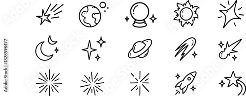 Doodle outer space cosmic icons set. Planets, constellation, spacecraft, rocket hand drawn linear illustration. Falling stars and comets black and white