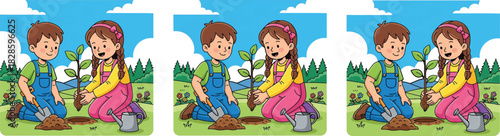 Tree planting illustration, kids gardening activity, environmental education scene, nature care concept, teamwork outdoors, eco-friendly children vector design