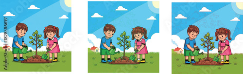 Tree planting sequence, children gardening illustration, environmental care concept, teamwork outdoors, nature education design, eco-friendly activity, growth stages vector