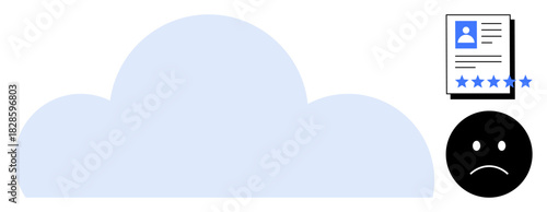 Blue cloud symbol alongside a user profile with ratings and a frowning face icon, representing cloud storage, online reputation management, and feedback issues. Ideal for concepts thumbs up data