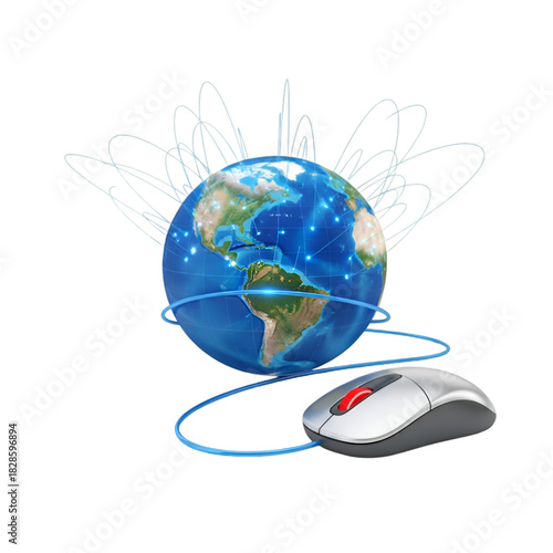 Globe connected to a computer mouse isolated on transparent background