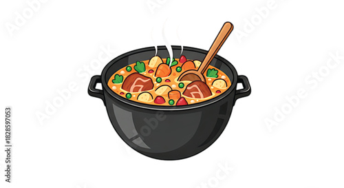 Hearty stew simmering in a cast iron pot, ready to be served with a wooden spoon.