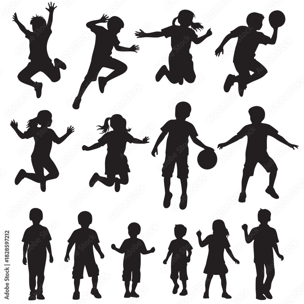 Fototapeta premium Black silhouettes of kids jumping playing running child activity vector art