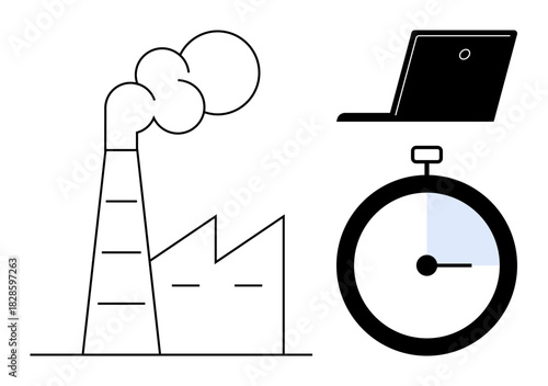 Factory emitting smoke, stopwatch measuring efficiency, laptop representing digital management. Ideal for industry, productivity, time, technology, efficiency progress workflows. A simple flat