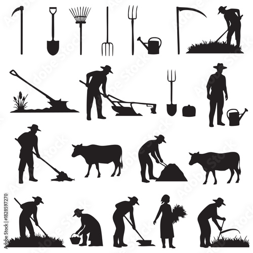 Farm and Agriculture Silhouettes Collection Agricultural Workers and Animals Vector Graphic