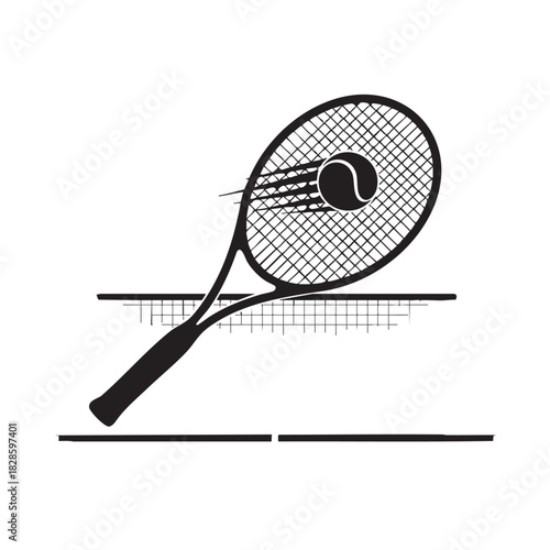 Tennis racket and net in black and white minimalist sports illustration