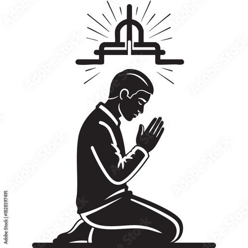 Muslim man in prayer position monochrome illustration showing religious devotion and faith