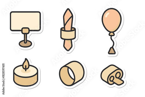 Collection of event and party elements including place card, folded napkin, balloon, and lit candle