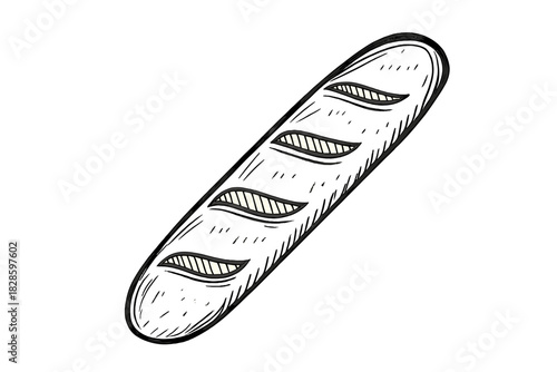 Classic long French baguette loaf with four diagonal cuts in a retro sketch style