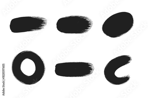 Six textured black paint brush strokes and abstract ink shapes for graphic design