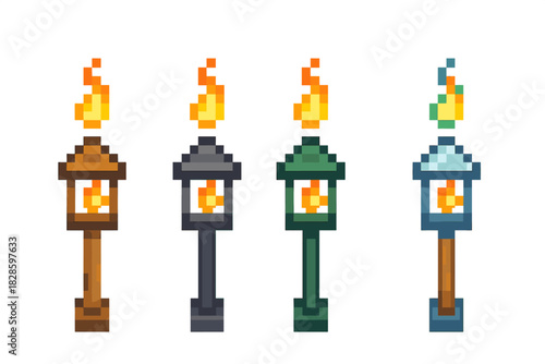 Colorful pixel art style outdoor torches and lanterns with burning flames