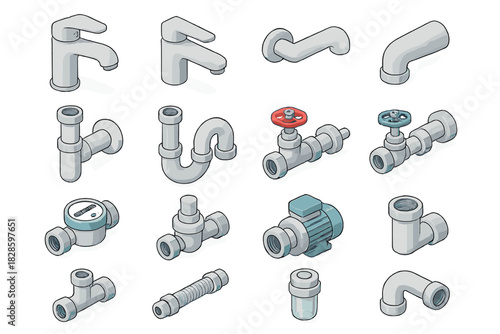 Isometric plumbing components set with faucets, pipes, valves, water meter, and pump