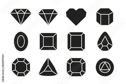 Black silhouette icons of various diamond and gemstone cuts on white background