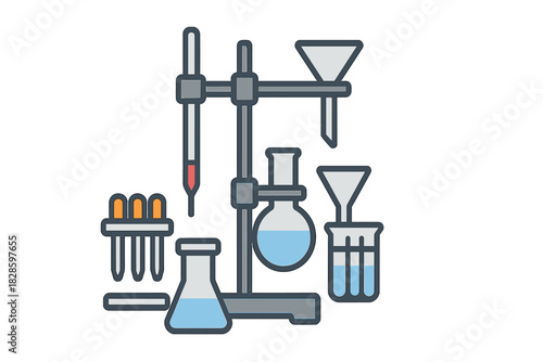 Scientific laboratory apparatus setup with flasks, test tubes, pipette, and funnels on a stand