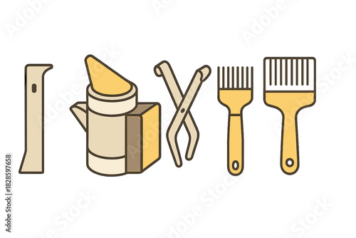 Essential beekeeping equipment set featuring hive tool smoker frame grip and various brushes