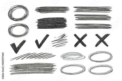 Rough hand drawn scribbles check marks crosses and textured circles set