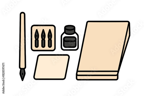 Traditional calligraphy writing set including a dip pen, various nibs, ink bottle, and blank paper