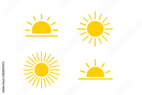 Bright yellow sun and sunrise icons set for weather, climate, and summer design projects