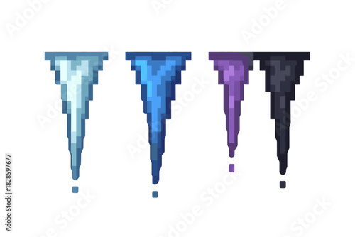 Collection of four pixelated winter icicles in cool colors for retro video game graphics