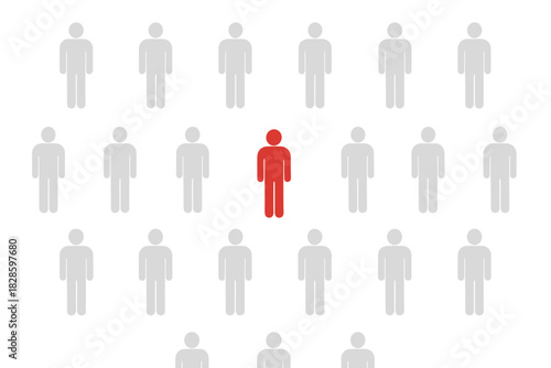 Red figure standing out from a uniform crowd of white symbols symbolizing individuality