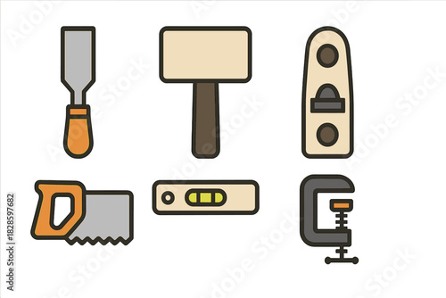 Essential woodworking and carpentry tools collection including saw, chisel, mallet, level, and clamp