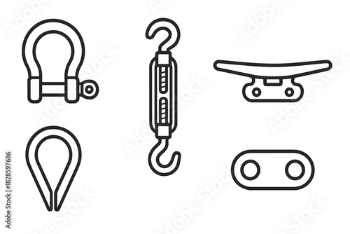 Essential marine rigging hardware set including shackle, turnbuckle, cleat, and thimble symbols