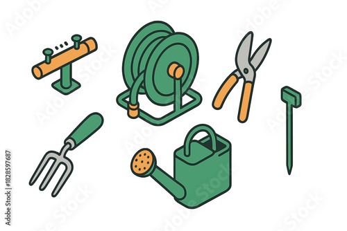 Isometric set of essential gardening tools and equipment for planting and maintenance