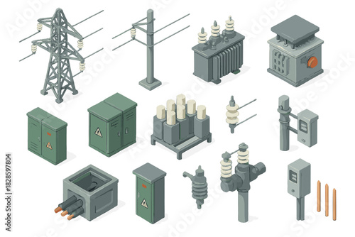 Isometric electrical power grid elements including transmission tower, transformer, and utility boxes
