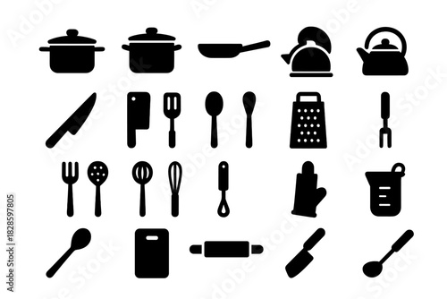 Assortment of essential cooking implements including pots pans knives and whisks