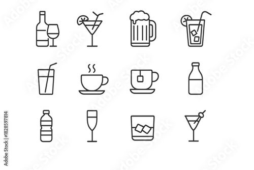 Minimal outline symbols for wine, beer, cocktails, hot drinks, and bottled water