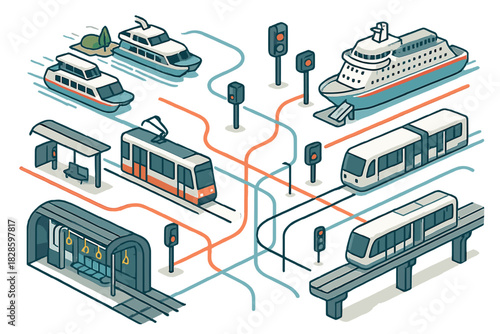Isometric public transportation network featuring various vehicles and infrastructure
