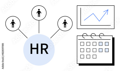 HR at the center connects employees, analytics graph, and calendar scheduling. Ideal for human resource, workforce management, analytics, organization, recruitment planning teamwork. Simple flat