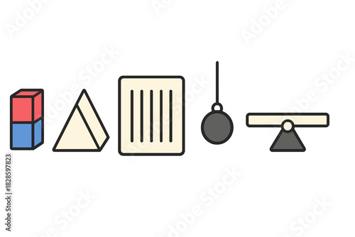 Basic physics and mechanics concepts featuring geometric shapes, mass, pendulum, and equilibrium