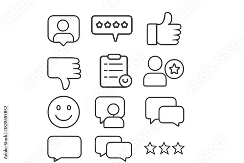 Outline icons set for customer feedback, user rating, satisfaction, and online communication