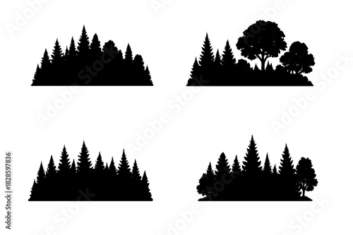 Four distinct black silhouettes of forest landscapes featuring coniferous pine trees and deciduous woodland