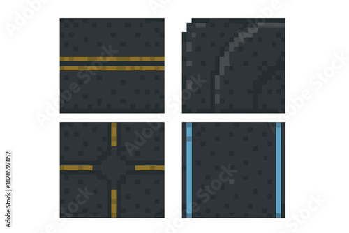 Seamless pixelated road texture tiles with asphalt surfaces and traffic lane markings