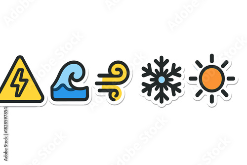 Natural element and weather symbols including lightning warning, ocean wave, wind, snowflake, and sun