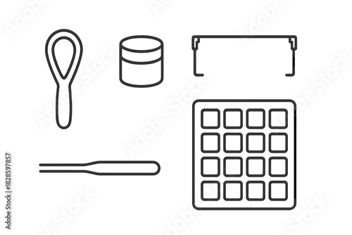 Cosmetic and beauty tools including spatula, jar, applicator stick, and palette grid
