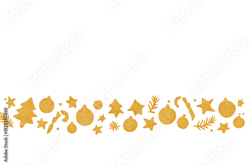 Golden glittering Christmas holiday seamless border pattern with festive seasonal elements on white background