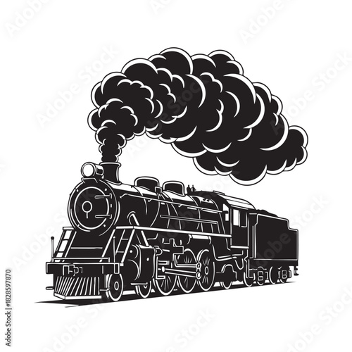 Vintage steam train illustration in black and white graphic design element