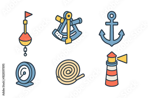 Colorful anchor buoy sextant and lighthouse symbols for marine navigation