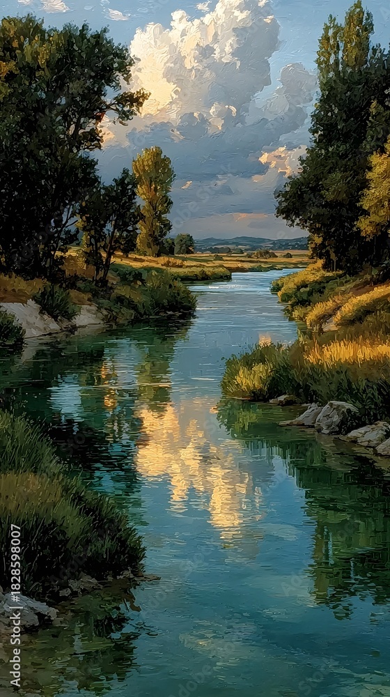 Obraz premium Painterly depiction of a tranquil river winding through a lush landscape beneath a dramatic sky with storm clouds.