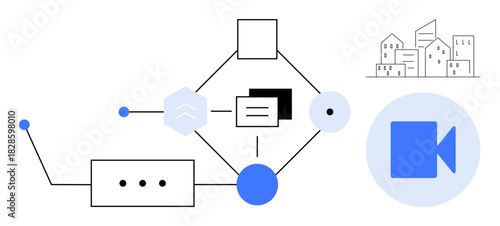 Abstract data flow with nodes and connections, video icon, and city skyline suggesting communication, collaboration, data analysis, project management. Ideal for teamwork, technology, strategy