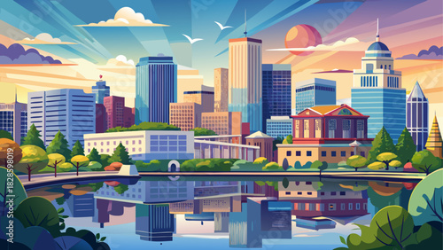 Very beautiful panoramic view of Columbia, South Carolina, showcasing its modern skyline, reflective riverfront, and soft atmospheric lighting, captured in a clean, neutral, and non-specific style wit