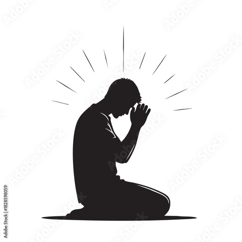 Silhouette of kneeling man in prayer with hands clasped spiritual concept