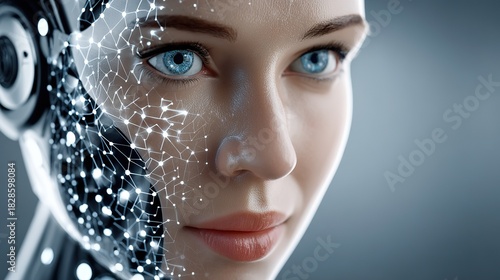 Digital Serenity: A close-up portrait of a highly advanced AI, capturing the essence of technological innovation. Digital connection mesh overlaying the face.