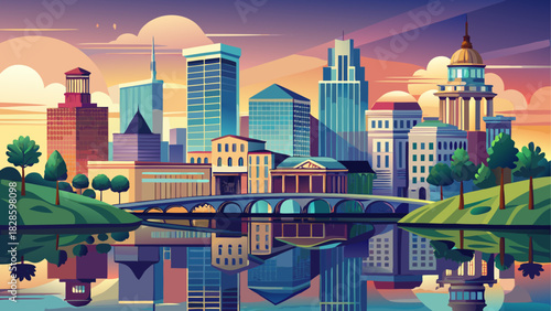 Very beautiful panoramic view of Columbia, South Carolina, showcasing its modern skyline, reflective riverfront, and soft atmospheric lighting, captured in a clean, neutral, and non-specific style wit