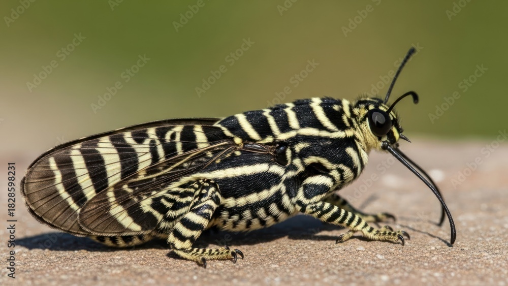Fototapeta premium A zebra-striped insect with a long, curved beak, possibly a wasp or hornet, on a stone surface with a blurred green background.