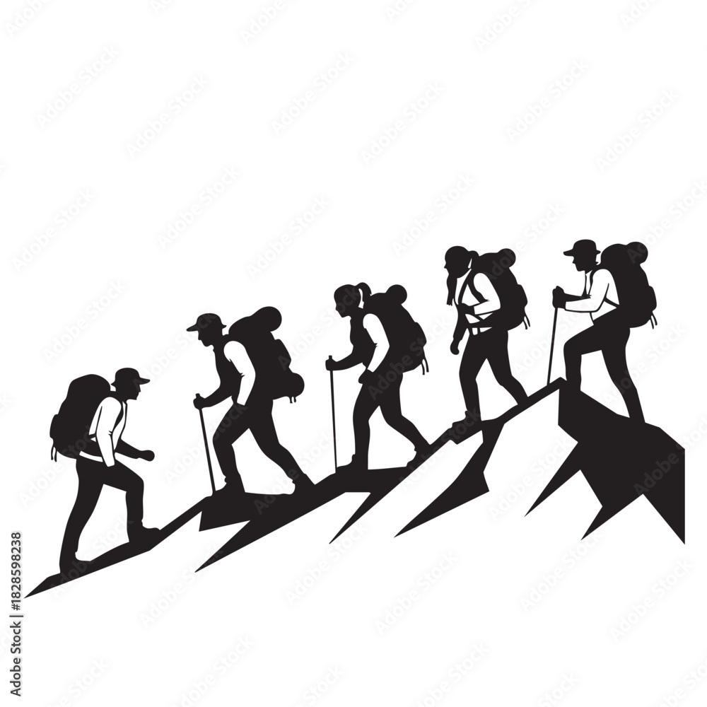 Fototapeta premium Silhouette of hikers climbing a mountain trail with backpacks and trekking poles