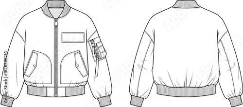 Black and white technical drawing of a bomber jacket front and back views outerwear